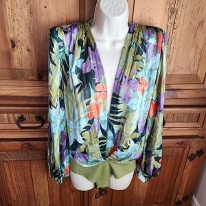 Bronx and Banco Floral V-Neck Long Sleeve Bodysuit Size 4 Small New With Tags